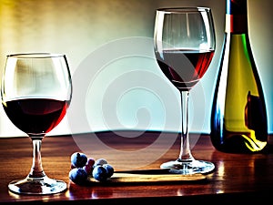 Wineglasses and grapes on a table.