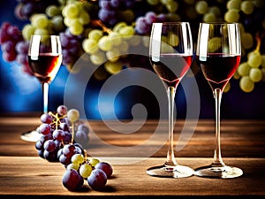 Wineglasses and grapes on a table.