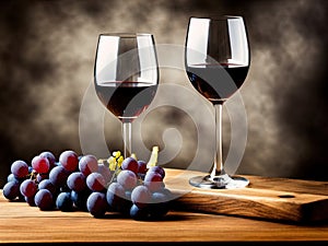 Wineglasses and grapes on a table.