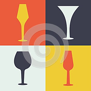 Wineglasses icon. Set of modern color cards with glasses for alcohol beverage, cocktail glass. Glassware of different forms for