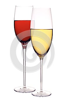 Wineglasses with white and red wine isolated on white
