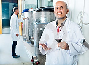 Winemaker examining sample of wine