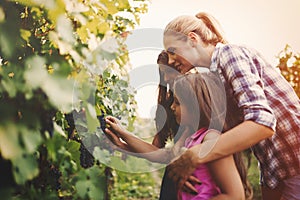 Winemaker family together in vineyard