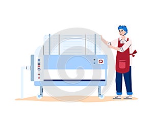 Winemaker next to equipment for wine, flat vector illustration isolated.