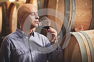 Winemaker tasting red wine in front of wine barrels