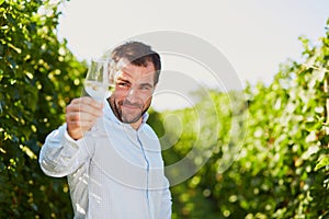 Winemaker tasting white wine in vineyard