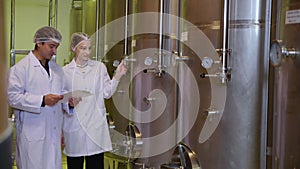 Winemaker team checking and examining producing wine at winery in factory.