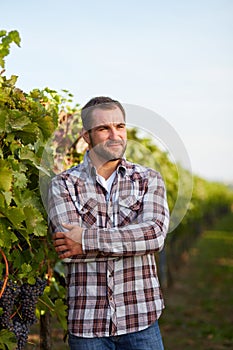 Winemaker in vineyard with arms crossed