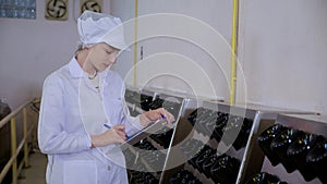 Winemaker young woman checking and examining producing wine at winery in factory.