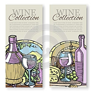 Winemaking and grapes vintage sketch vector set of templates packaging wine, label, identity or branding. Winery hand