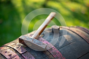 Winemaking hammer on the barrel