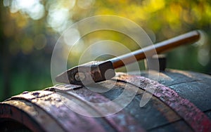 Winemaking hammer on the barrel