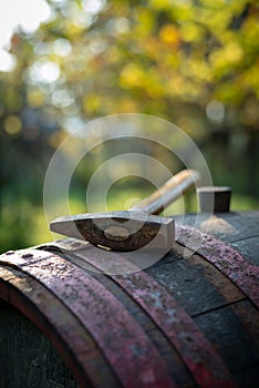 Winemaking hammer on the barrel