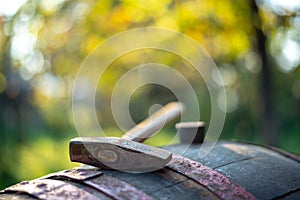 Winemaking hammer on the barrel