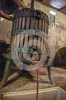Winemaking. Old wooden wine press with must inside. Pressing of
