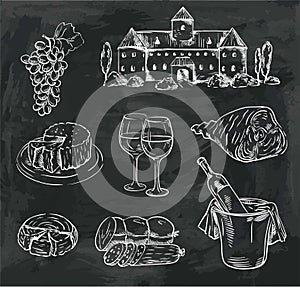 Winemaking. set of vector sketches on black