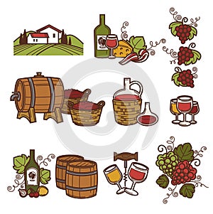 Winemaking or wine production viticulture icons set.