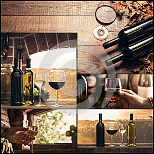 Winemaking and wine tasting photo collage