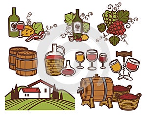 Winemaking and winery bottles and glasses barrel and ranch or farm