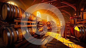 Winemaking wooden kegs. Wine barrels in vintage storage. Generative AI