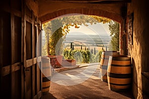 Winery barrels view landscape. Generate Ai