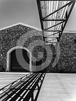 Winery building, black and white