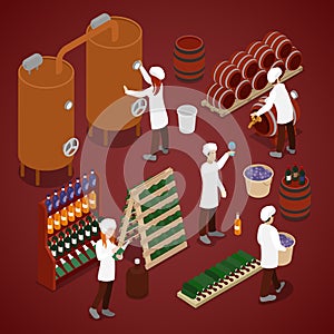 Winery Factory. Wine Production Line. Isometric flat 3d illustration
