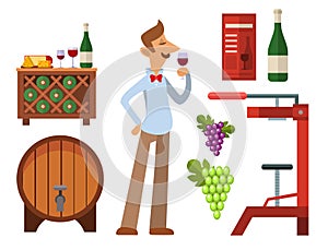 Winery making harvest cellar vineyard glass beverage industry alcohol production vector illustration