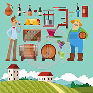 Winery making harvest cellar vineyard glass beverage industry alcohol production vector illustration