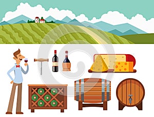 Winery making harvest cellar vineyard glass beverage industry alcohol production vector illustration