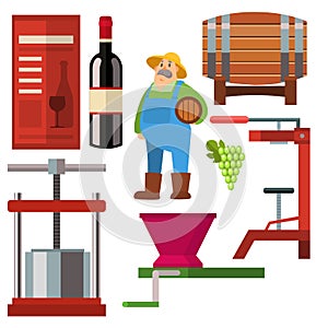 Winery making harvest cellar vineyard glass beverage industry alcohol production vector illustration