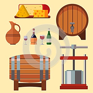 Winery making harvest cellar vineyard glass beverage industry alcohol production vector illustration