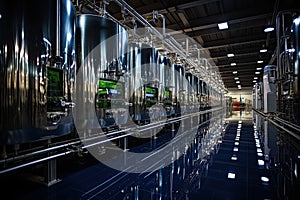 Winery, manufacturing with technology. Metal kegs of wine in factory warehouse