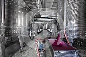 Winery producing wine, Grape ju in tank. Wine fermentation tanks. Wine fermentation process Red grapes in fermentation tank.