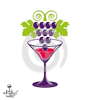 Winery theme vector illustration. Stylized half full martini glass with grapes cluster, racemation symbol best for use in photo