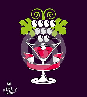 Winery theme vector illustration. Stylized half full martini glass with grapes vine placed over dark photo