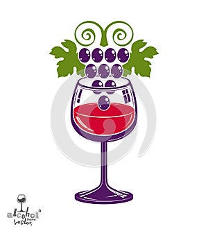 Winery theme vector illustration. Stylized wineglass with grapes