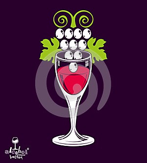 Winery theme vector illustration. Stylized wineglass with grapes