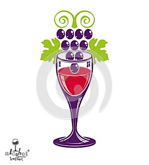 Winery theme vector illustration. Stylized wineglass with grapes photo
