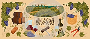 Winery vector set with vineyard landscape,bottle and glass of red and white wine, corkscrew, cork, grapes and wooden