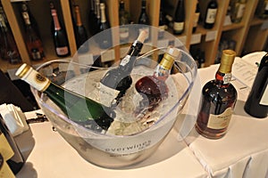 Wines of different brands neatly arranged in wine fairs