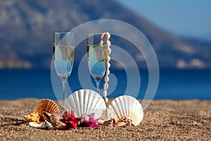 Wines glasses,shells,starfishes