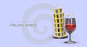 Wines of Italy. 3D Leaning Tower of Pisa, glass of red wine, stars. Romantic dinner for couple