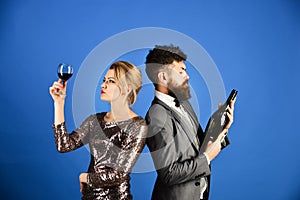 Winetasting and celebrating concept. Couple in love tasting Italian alcohol photo