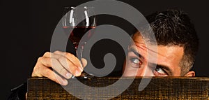 Winetasting and degustation concept. Man with beard holds glass of wine on brown background
