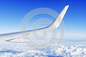 Wing aircraft in altitude during flight. clear sky in sunny day.