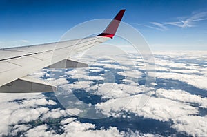 Wing of an airplane above clouds