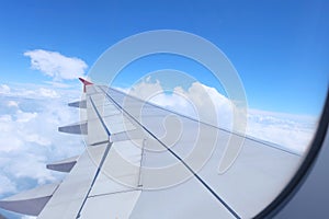 Wing of an airplane, above the clouds and blue sky