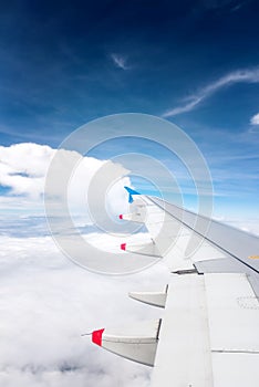 Wing of an airplane flying