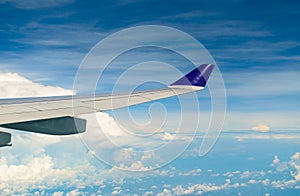 Wing of airplane flying over the cloudy sky.